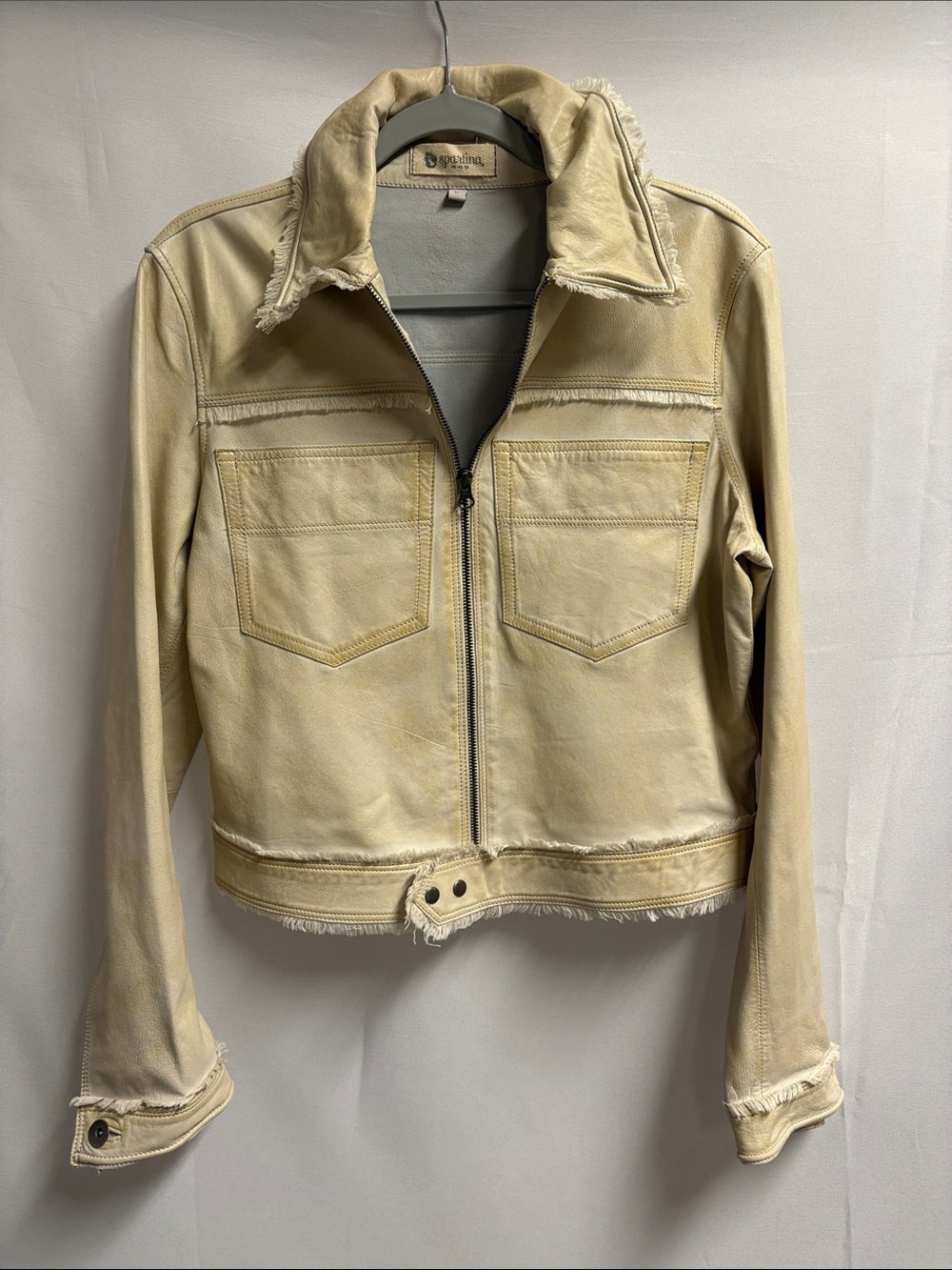 Spartina 449 100% Leather Bomber Jacket with Raw Edges Sand Size Large